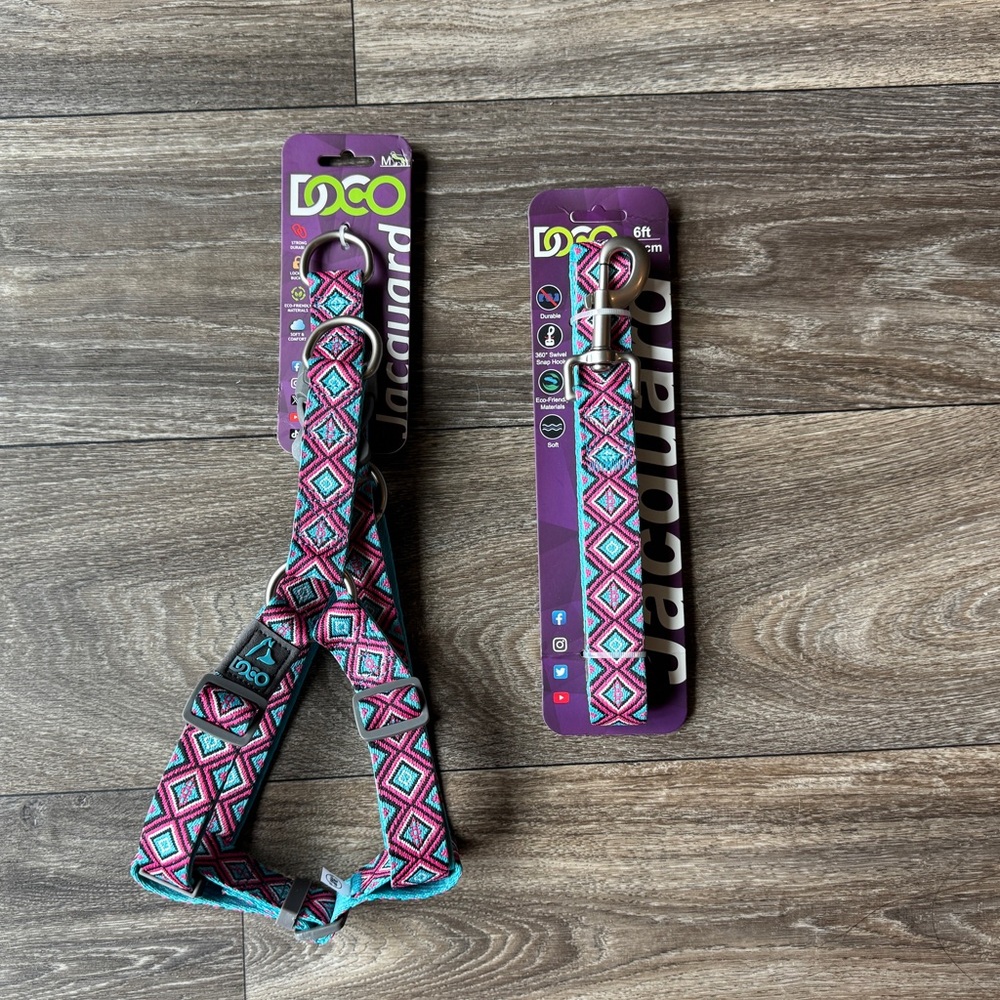 Dog Harness and Leash Set Vibrant Pink and Blue